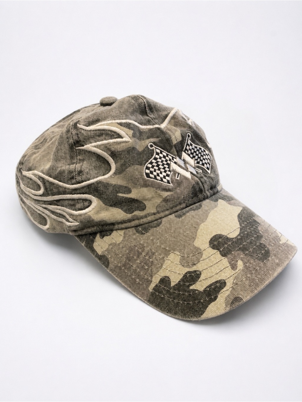 VINTAGE Y2K Camo Baseball Cap with Flame Stitching and Checkered Flags